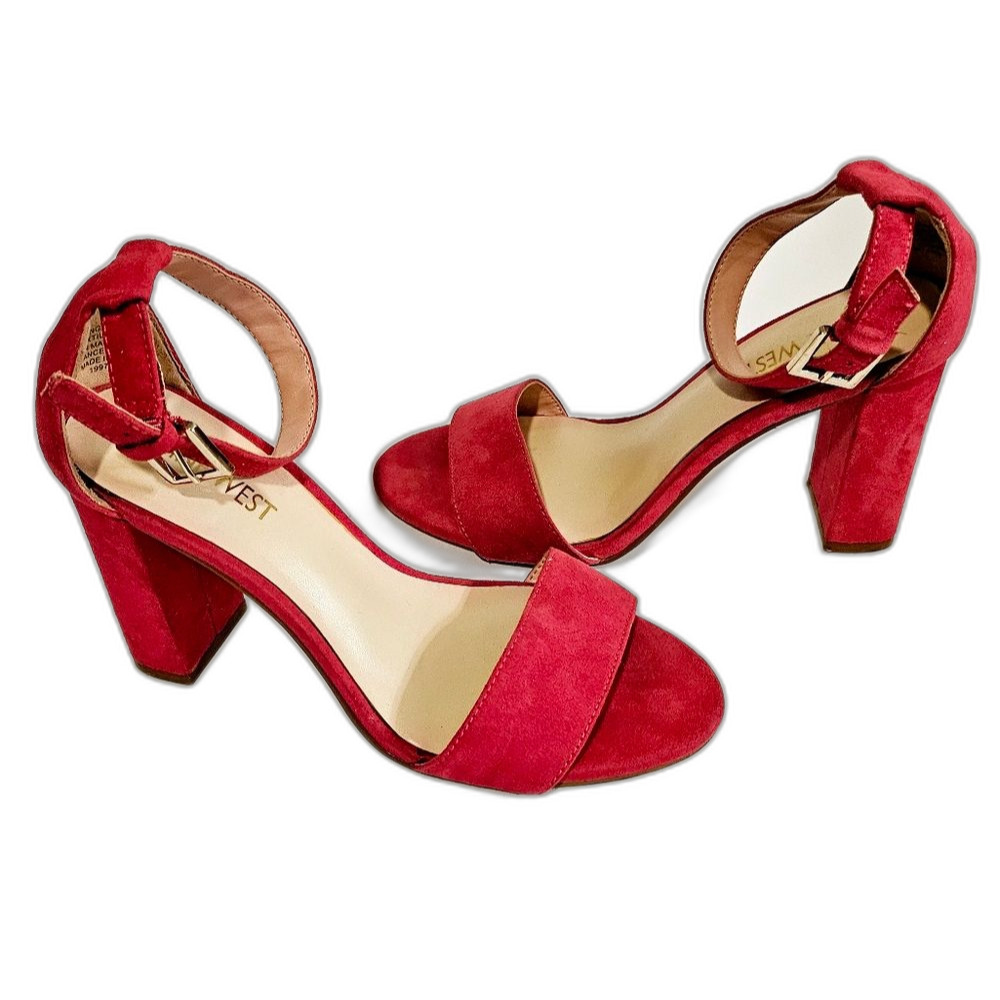 Nine West Angelika Pink Suede Ankle Strap Block Heel Sandals Sz 6